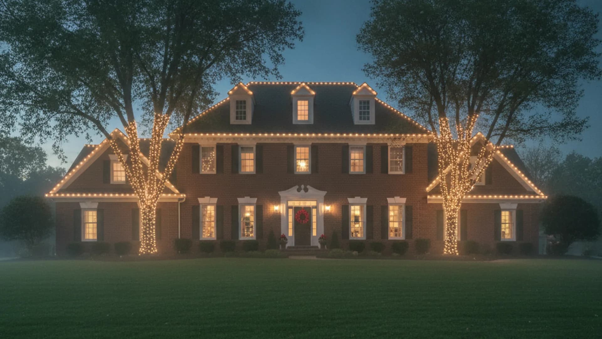 Illustration of a brick home outlined in warm white LED roofline lights with two wrapped trees at dusk