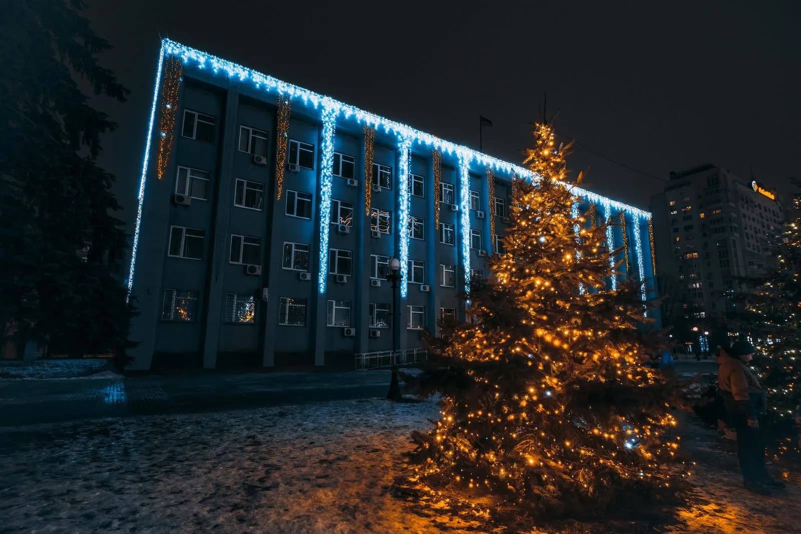 Example of an office building with LED icicle lights along the roofline beside a lit evergreen