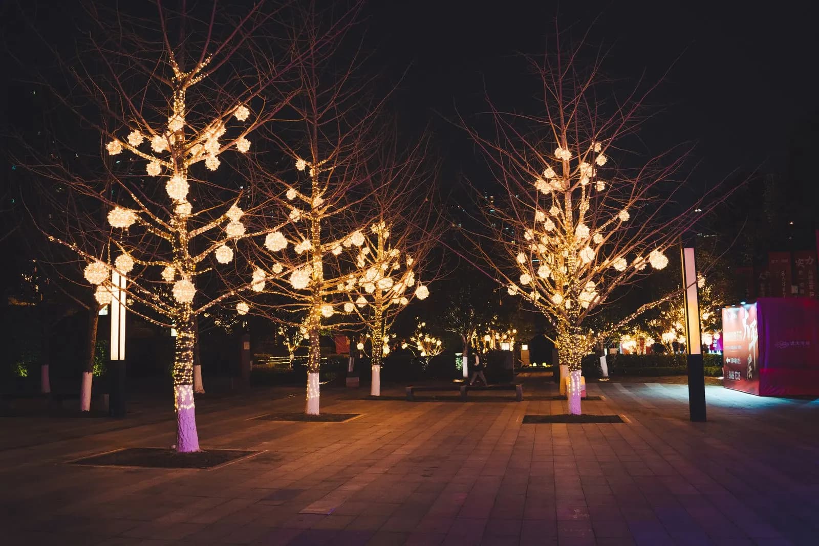 Example of plaza trees wrapped in warm white lights with hanging light balls