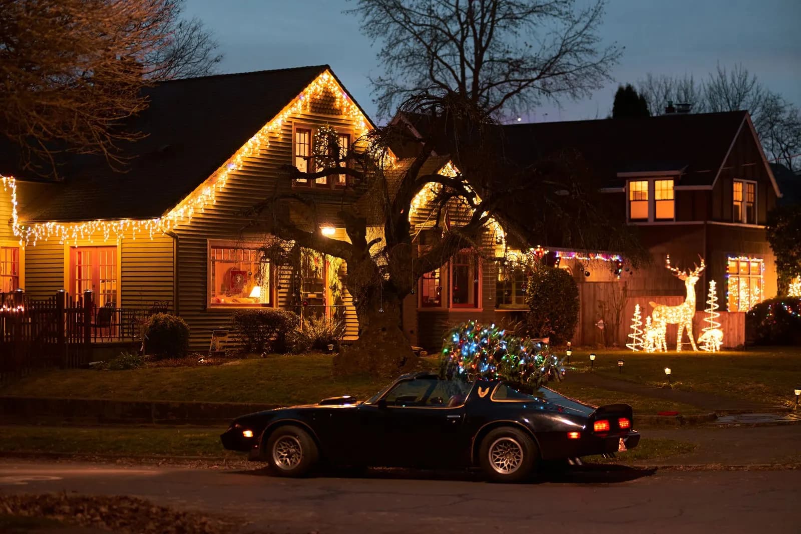 Example of warm white icicle lights along the rooflines of a two-storey home at night