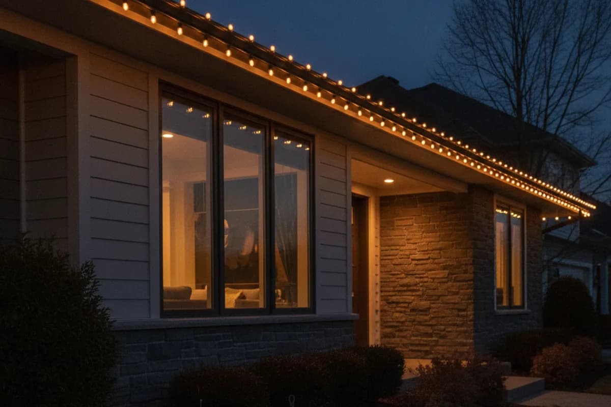 AI illustration of warm white C9 bulbs installed along a gutter line