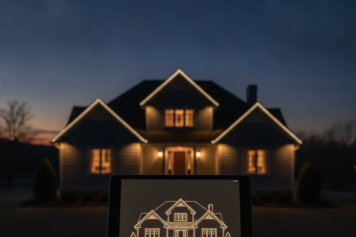 AI illustration of a Christmas lighting design plan on a tablet in front of a lit home