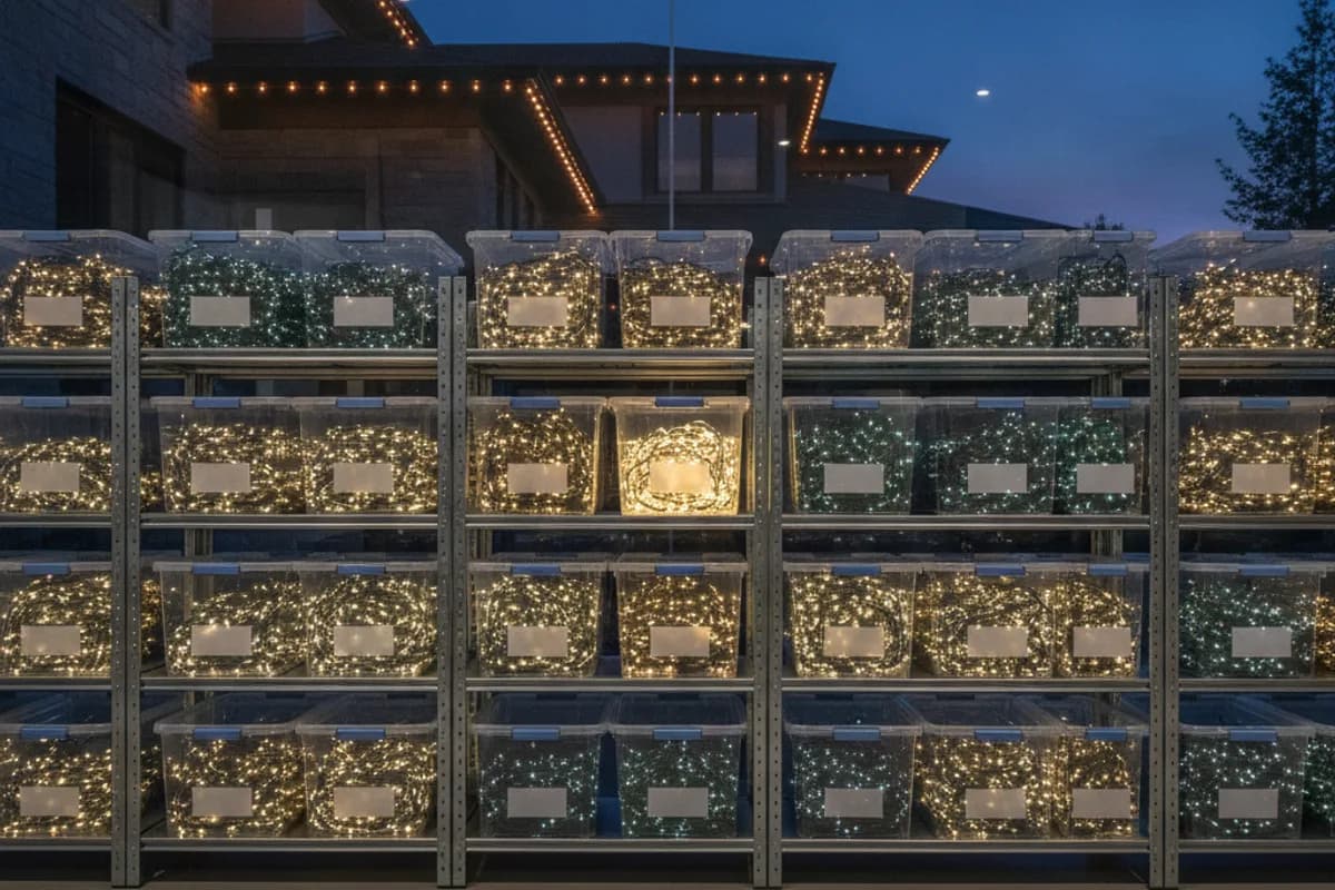 AI illustration of labeled bins of Christmas lights stored on shelving between seasons