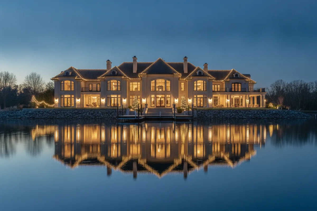 AI illustration of a lakefront estate outlined in warm white Christmas lights and reflected in the water