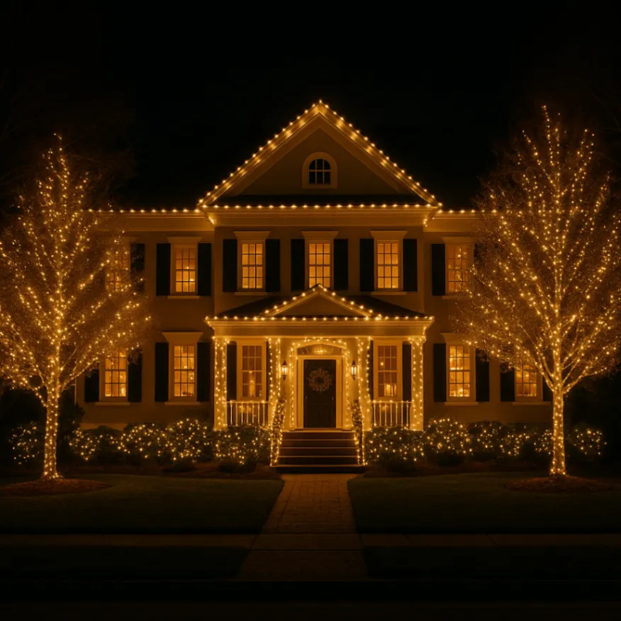 Elegant Two-Story Home with Christmas Lights