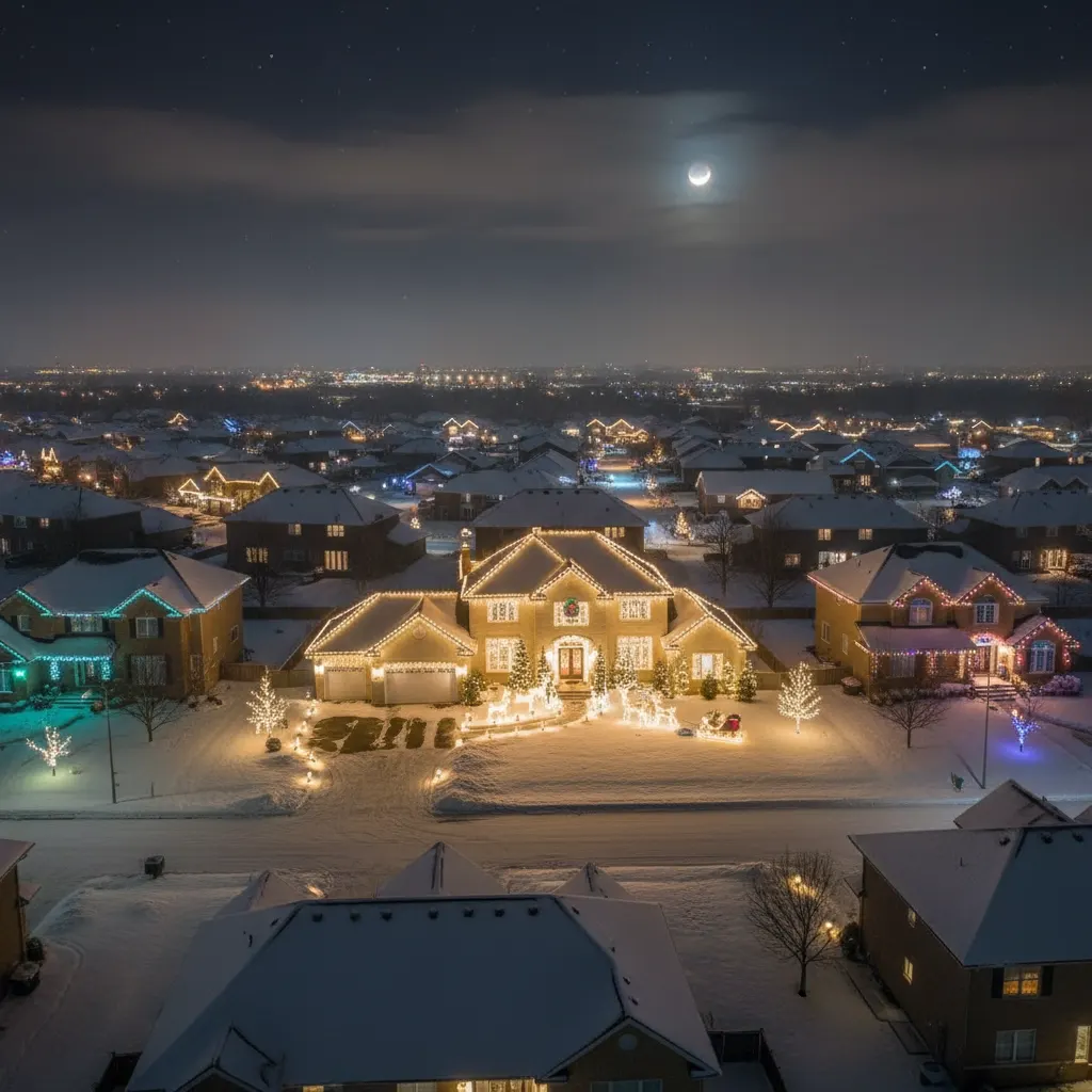 Aerial view of home with Christmas lights