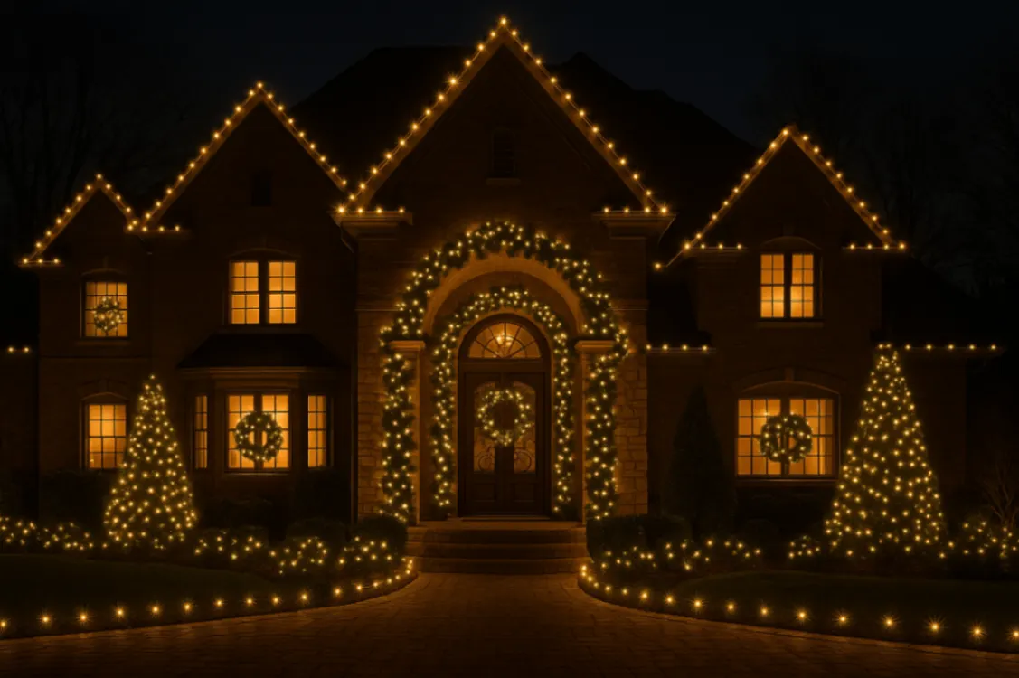 Elegant Brick Home with Professional Christmas Lights