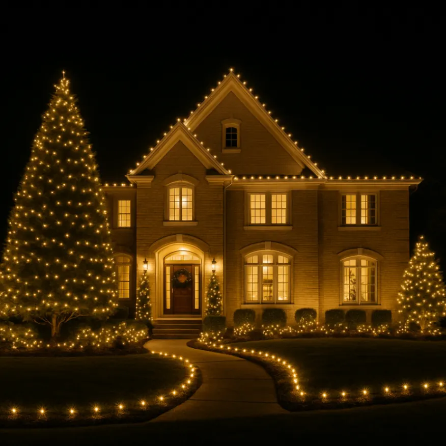Two-story home with Christmas lights