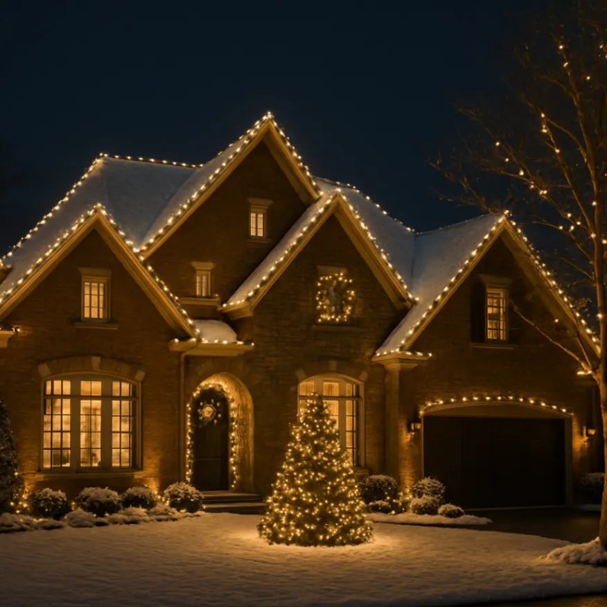Two-story brick home with Christmas lighting