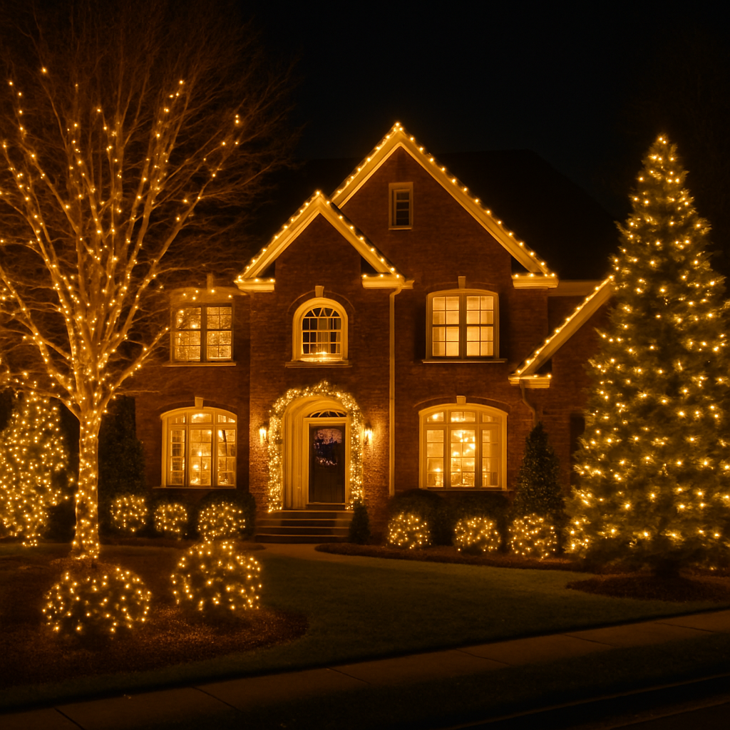 Alt text: A beautiful upscale home in Huntersville NC decorated with christmas light installation service, photographed at night with warm glowing lights, festive holiday atmosphere, no text, just elegant Christmas lighting. Featuring decorated trees and bushes glowing with lights.
