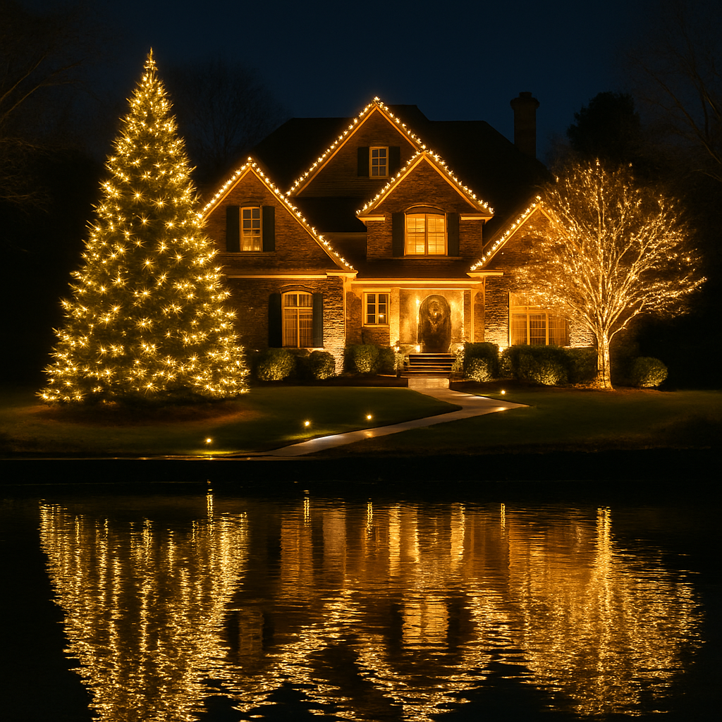 Alt text: A beautiful upscale home in Lake Norman of Catawba decorated with christmas light installation service, photographed at night with warm glowing lights, festive holiday atmosphere, no text, just elegant Christmas lighting. Subtle landscaping lights highlighting walkways.