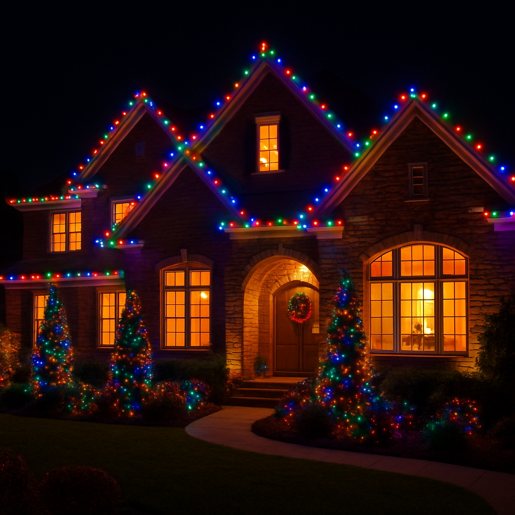 Alt text: A beautiful upscale home in LKN decorated with hire christmas light installer, photographed at night with warm glowing lights, festive holiday atmosphere, no text, just elegant Christmas lighting. With roofline lights reflecting softly on windows.
